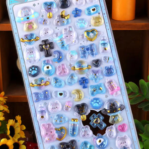 Cute kawaii sticker sheet with dreamy planet, star, and tiny animal designs (rabbit, bear, etc.), perfect for DIY phone case decoration.