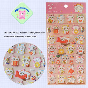 Product info sheet for pink "Fortune Cat" 3D stickers, showing material (PVC/epoxy resin), packaging size, and detailed sticker designs.