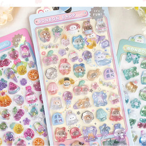 Scene display of 3D fruit pet crystal stickers, showing versatile use for journal, phone case, and craft decoration