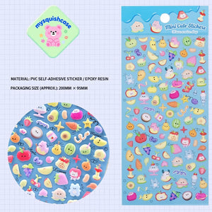Product display of fruit themed 3D puffy sticker sheet, including material (PVC/epoxy resin) and packaging size (200mm×95mm), cute kawaii stickers for phone case decoration