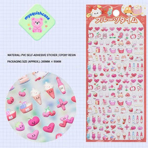 Product display of "Fruit Time" themed 3D puffy sticker sheet, including material (PVC self-adhesive/epoxy resin) and packaging size (200mm × 95mm), cute kawaii stickers