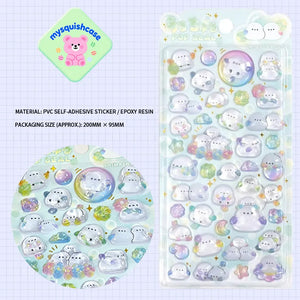 Product display of ghost themed 3D crystal puffy sticker sheet, including material (PVC/epoxy resin) and packaging size (200mm×95mm), cute kawaii stickers for planner decoration