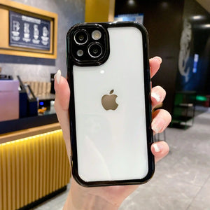 Clear DIY phone case for iPhone with glossy black protective frame and transparent back panel, featuring raised camera protection, ready for sticker decoration.