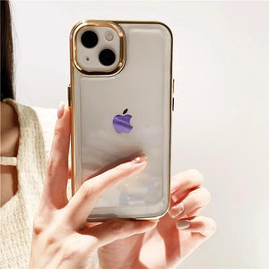 Clear DIY phone case for iPhone with shiny gold protective frame and transparent back panel, featuring raised camera protection, perfect for sticker decoration.