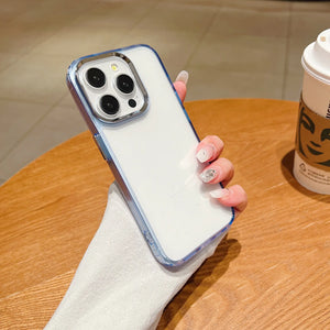 Clear DIY phone case for iPhone with gradient blue frame and silver camera ring, featuring raised camera protection, ideal for sticker decoration.
