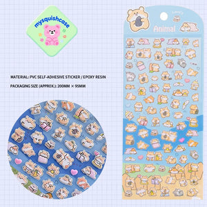 Product display of hamster themed 3D puffy sticker sheet, including material (PVC/epoxy resin) and packaging size (200mm×95mm), cute kawaii stickers for DIY crafts and planner decoration