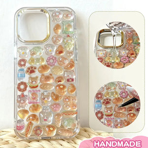 Finished display of handmade DIY phone case with full bread pet print, gold frame, and cute bear & bread patterns