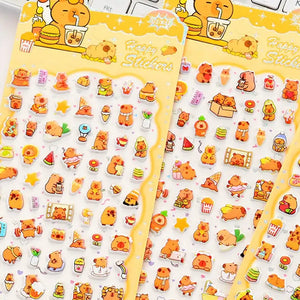 Happy Stickers" cute kawaii sticker sheet with tiny orange capybara and food designs, perfect for DIY phone case decoration.