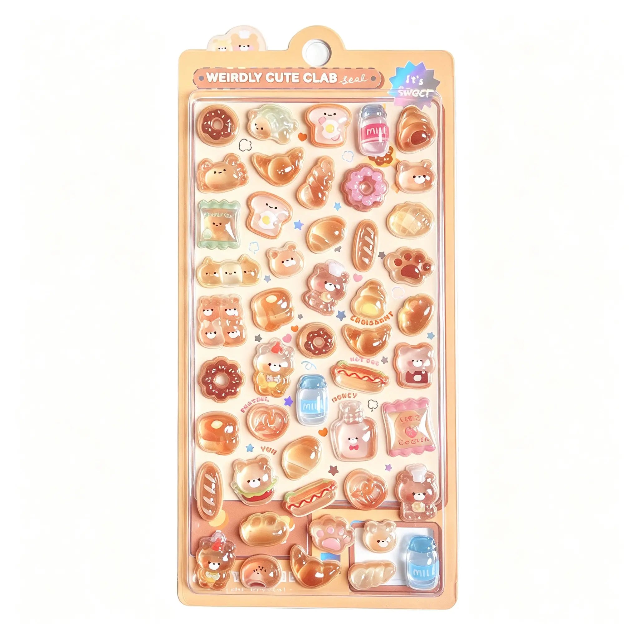 An orange retail sheet of Weirdly Cute Clab 3D glossy drop-seal stickers featuring cute cartoon pastry bears, croissants, hot dogs, and milk bottles for DIY crafting.
