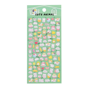A green retail sheet of Kawaii Cute Animal Bonbon Drop Seal 3D glossy stickers featuring adorable cartoon cats, pastries, cat paws, and pink hearts for DIY crafting.