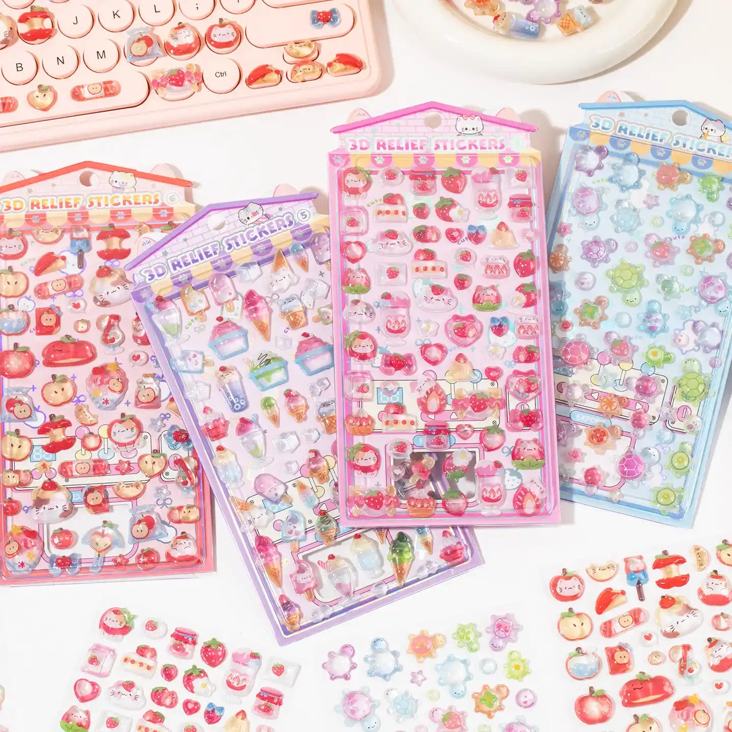 A colorful collection of 3D Relief Stickers sheets featuring kawaii dessert themes like ice cream sundaes, strawberries, and apples for DIY crafting.