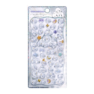 A silver retail sheet of Mellow Enaga bird Pop Seal 3D puffy stickers featuring cute white cartoon round birds, golden stars, and purple ribbons for DIY phone case crafting.