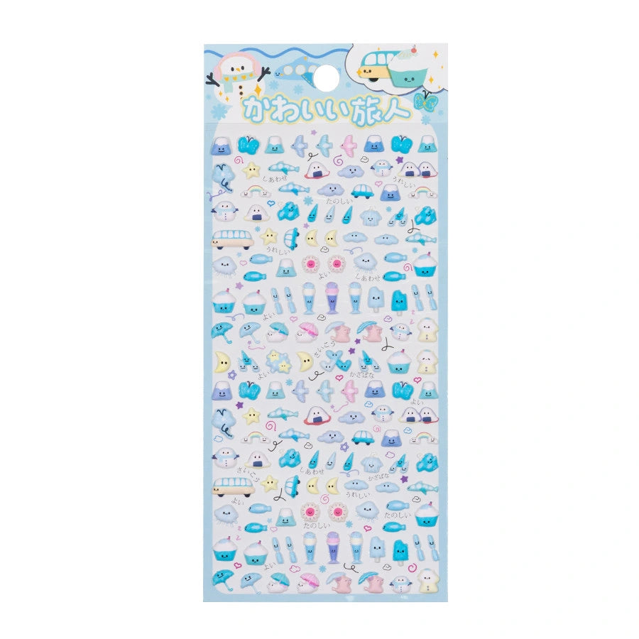 A sheet of Japanese kawaii mini puffy 3D stickers with a light blue travel theme, featuring Mount Fuji, clouds, snowmen, and ice cream.