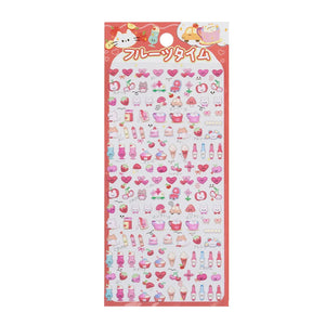 A sheet of Japanese kawaii mini puffy 3D stickers with a red and pink fruit picnic theme, featuring strawberries, apples, dessert cups, and hearts.