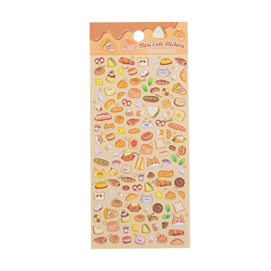 A sheet of Mini Cute Stickers 3D puffy drop-seal decals featuring cute cartoon sandwiches, waffles, pretzels, croissants, and Shiba Inu bread for DIY crafting.