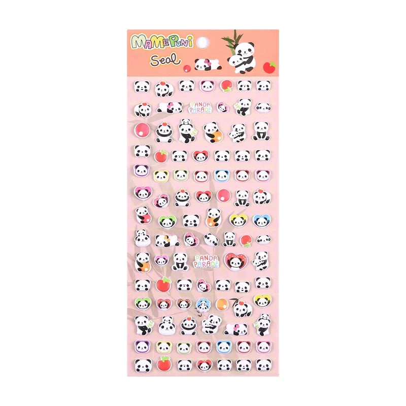 Full sheet display of 3D puffy "MAMEPUNI" stickers with adorable panda, bamboo, and fruit designs, self-adhesive epoxy PVC stickers