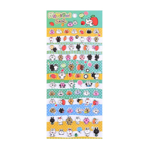 Full sheet display of 3D puffy "MAMEPUNI" stickers with adorable rabbit, carrot, and fruit designs, self-adhesive epoxy PVC stickers