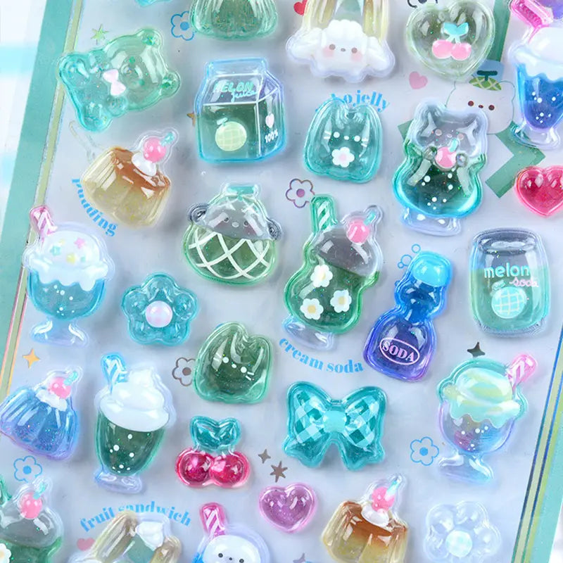 Close-up of 3D crystal clear melon soda pet stickers with adorable drink, bow, and animal designs, featuring iridescent and glitter effects, self-adhesive PVC epoxy stickers