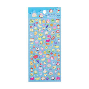 Full sheet display of 3D puffy "Mini Cute Stickers" with adorable cartoon fruit designs, self-adhesive PVC epoxy resin stickers for DIY crafts