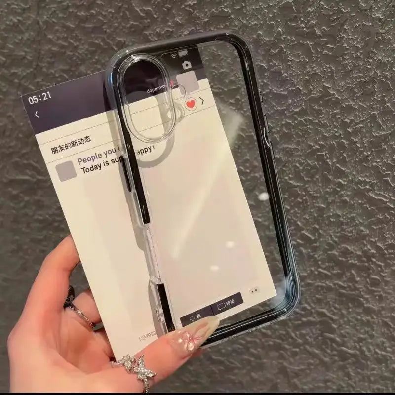 A minimalist hybrid protective phone case with a sleek black bumper frame and a crystal clear transparent back panel, held in front of a social media styled insert.
