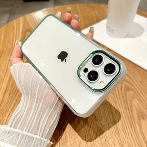 A premium hybrid protective phone case featuring a refreshing mint green bumper border, a dark green metallic camera lens protection ring, and a crystal clear back panel.