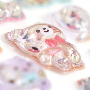 Collection of 3D crystal puffy "BONBON DROP" sticker sheets with adorable animal, panda, and penguin designs, in pastel pink, purple, and blue color schemes