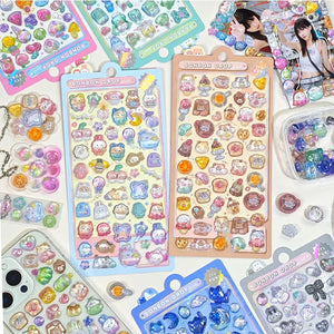 Collection of 3D crystal puffy "BONBON DROP" sticker sheets with adorable pet and fruit designs, in pastel pink, blue, and brown color schemes