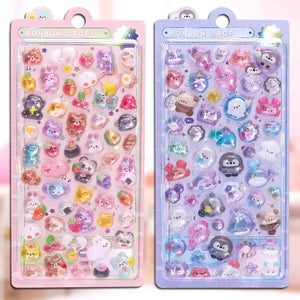 Collection of 3D crystal puffy "BONBON DROP" sticker sheets with adorable pet designs, in pastel pink and purple color schemes