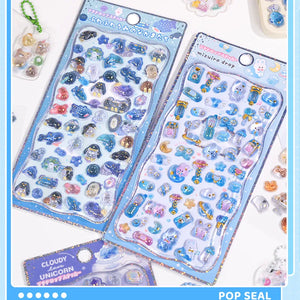 Collection of 3D crystal puffy sticker sheets with adorable ocean creature and pet designs, in blue color scheme