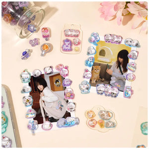 Collection of 3D crystal puffy sticker sheets with adorable pet designs (cat, long-tailed tit, unicorn), in pastel pink and blue color schemes