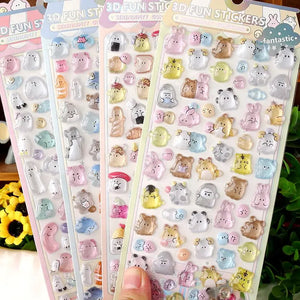 Collection of 3D crystal puffy sticker sheets with adorable ghost and pet designs, in pastel pink, blue, and beige color schemes