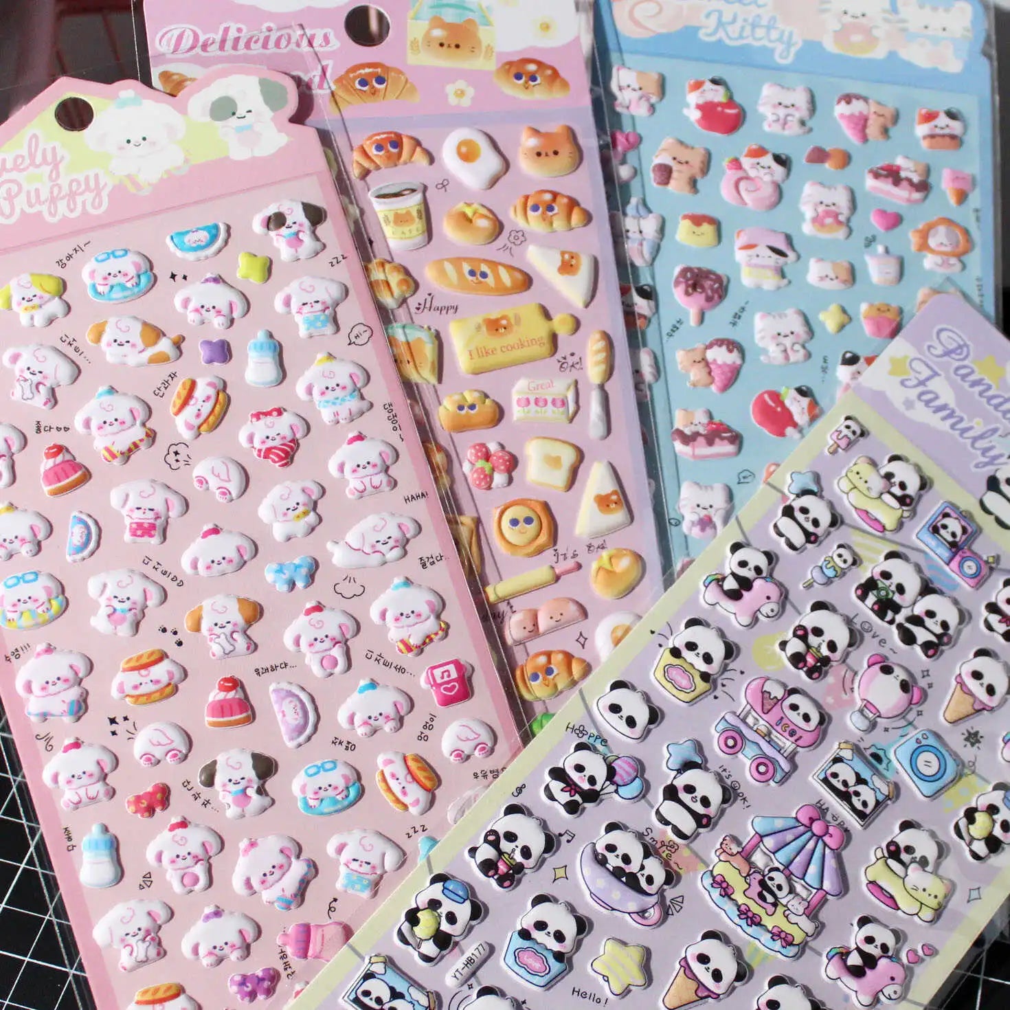 Collection of 3D puffy sticker sheets with cute puppy, bread, Sweet Kitty, and panda family designs, self-adhesive PVC epoxy stickers for DIY crafts