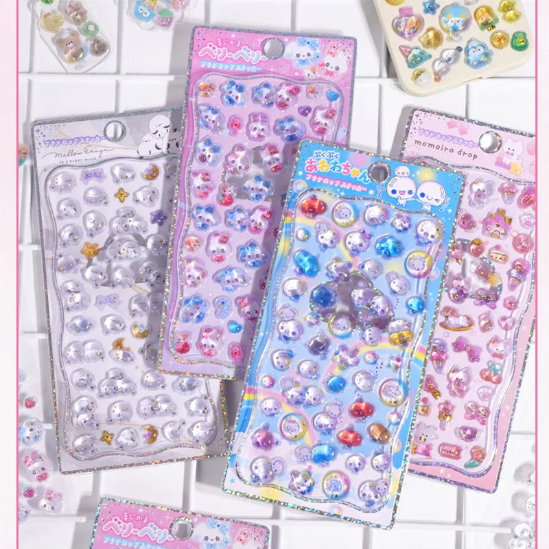 Collection of 3D glitter crystal sticker sheets with cute animal and character designs, self-adhesive PVC epoxy stickers