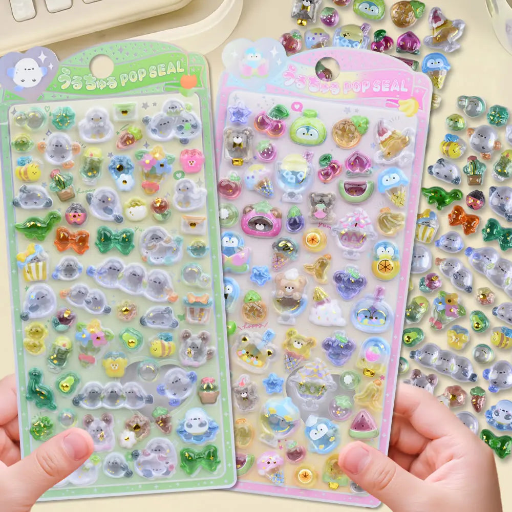 Handheld display of 3D crystal puffy sticker sheets with cute nature and pet designs, in green and pastel color schemes