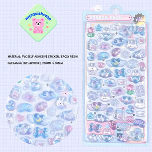 Product display of ocean pet themed "BONBON DROP" 3D crystal puffy sticker sheet, including material (PVC/epoxy resin) and packaging size (200mm×95mm), cute kawaii sea creature stickers for planner and DIY craft decoration
