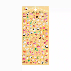 Our Leisure Time" kawaii sticker sheet with mini dessert, snack, and cute character designs, perfect for DIY phone case and craft decoration.