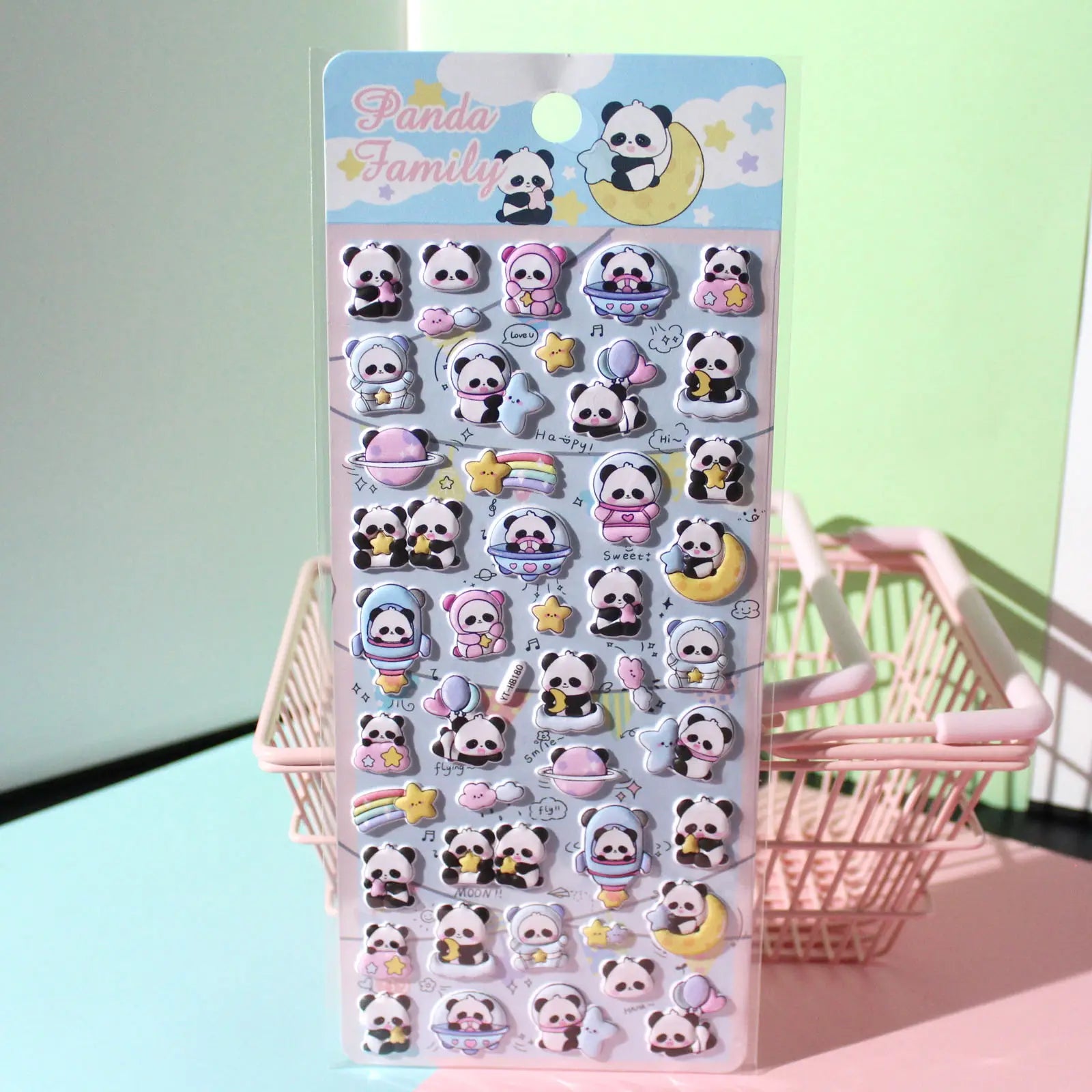 Full sheet display of 3D puffy "Panda Family" stickers with adorable space adventure designs (astronaut, moon, stars), self-adhesive epoxy PVC stickers
