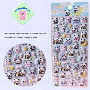 Product display of "Panda Family" space-themed 3D puffy sticker sheet, including material (PVC/epoxy resin) and packaging size (200mm×95mm), cute kawaii stickers for planner decoration