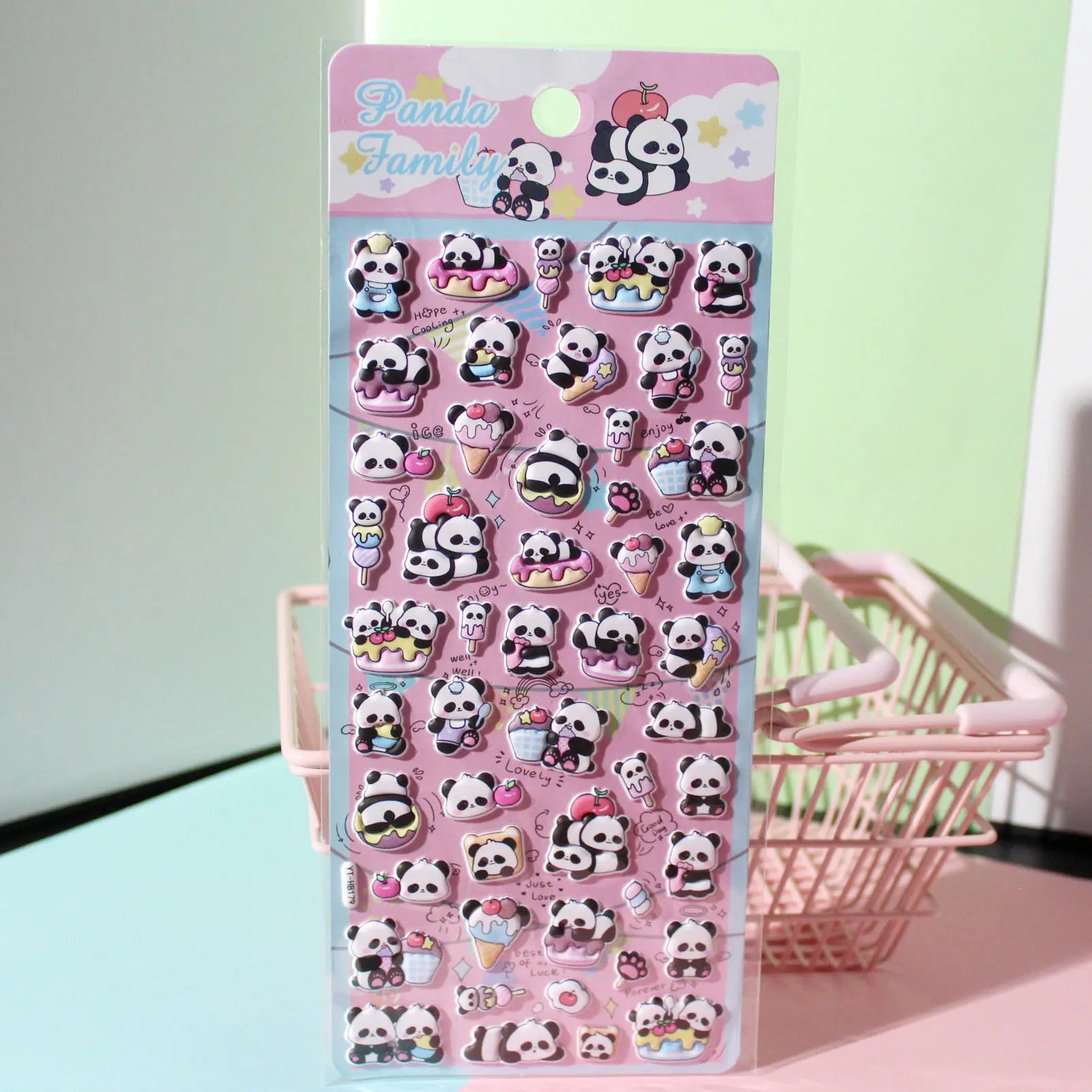 Full sheet display of 3D puffy "Panda Family" stickers with adorable dessert designs (ice cream, donut, cake), self-adhesive epoxy PVC stickers