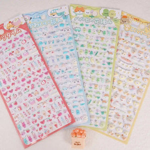 Four sheets of mini 3D stickers in pink, blue, green, and yellow pastel colors with various cute tiny characters.
