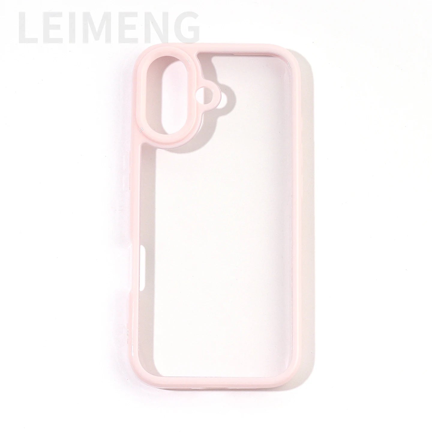 A minimalist hybrid protective phone case in pastel pink featuring a thick raised bumper frame and a crystal clear transparent back panel, shown against a plain white background.
