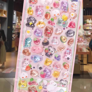 Scene display of pink "BONBON DROP" 3D crystal puffy sticker sheet, featuring cute animal designs with iridescent and glitter effects