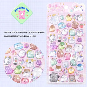 Product display of pink ghost pet themed 3D crystal puffy sticker sheet, including material (PVC/epoxy resin) and packaging size (200mm×95mm), cute kawaii ghost and animal stickers for planner and DIY craft decoration