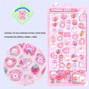 Product display of pink pet themed "BONBON DROP" 3D crystal puffy sticker sheet, including material (PVC/epoxy resin) and packaging size (200mm×95mm), cute kawaii rabbit and cherry stickers for planner and DIY craft decoration