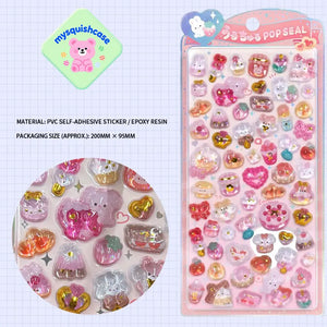Product display of "Pink Rabbit" themed 3D crystal puffy sticker sheet, including material (PVC/epoxy resin) and packaging size (200mm×95mm), cute kawaii stickers for planner and DIY craft decoration
