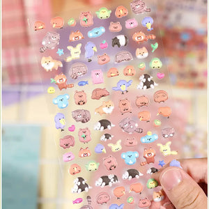 Close-up of purple background plush bubble stickers, showing cute forest animal patterns with soft texture