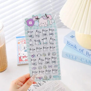 A sheet of Japanese kawaii 3D stickers featuring Pochacco dog characters, tulips, and mini treats for DIY phone case crafting.