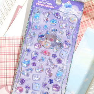 Full sheet display of 3D puffy "Cloudy love UNICORN" stickers with adorable unicorn and magic-themed designs, self-adhesive epoxy PVC stickers