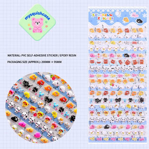 Product display of small animal themed 3D puffy sticker sheet, including material (PVC/epoxy resin) and packaging size, cute kawaii stickers for DIY phone case and planner decoration