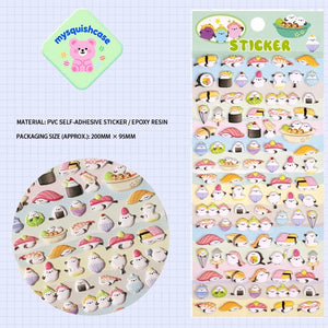 Product display of sushi themed 3D puffy sticker sheet, including material (PVC/epoxy resin) and packaging size, cute kawaii stickers for DIY phone case and scrapbooking